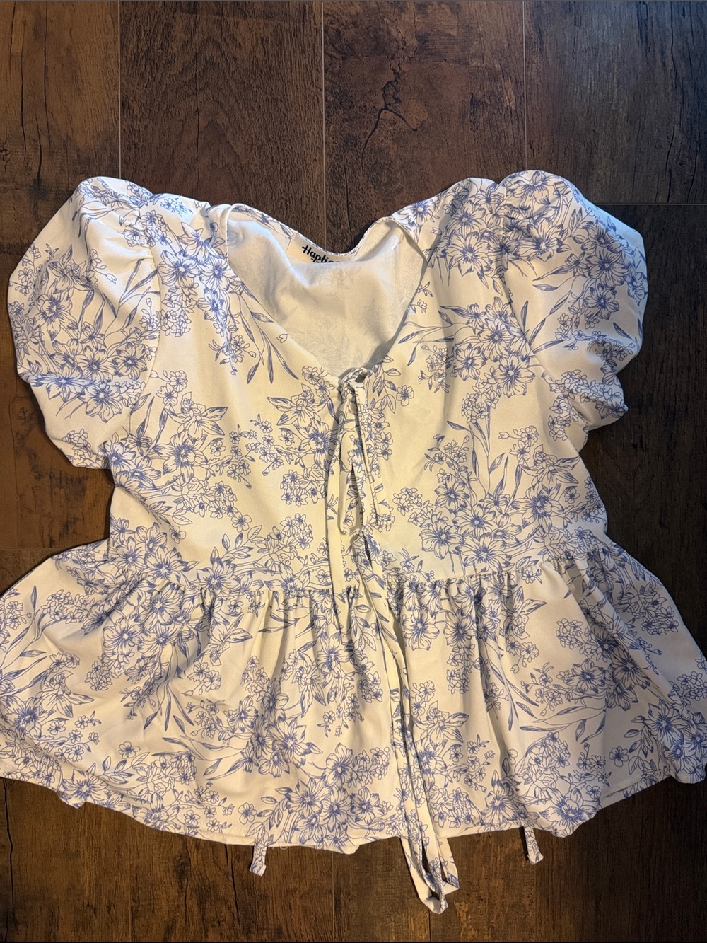 Tie-Front Peplum Floral Blouse - Blue on White